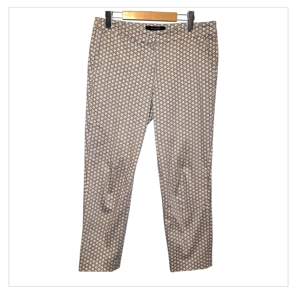 Sandro Paris Printed Ankle Pants Size 8 Brown Cream Slim Fit Stretch - Picture 3 of 6